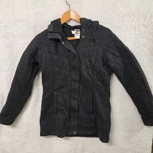 The North Face Womens Gray Quilted Hooded Jacket M Medium Snap Zip